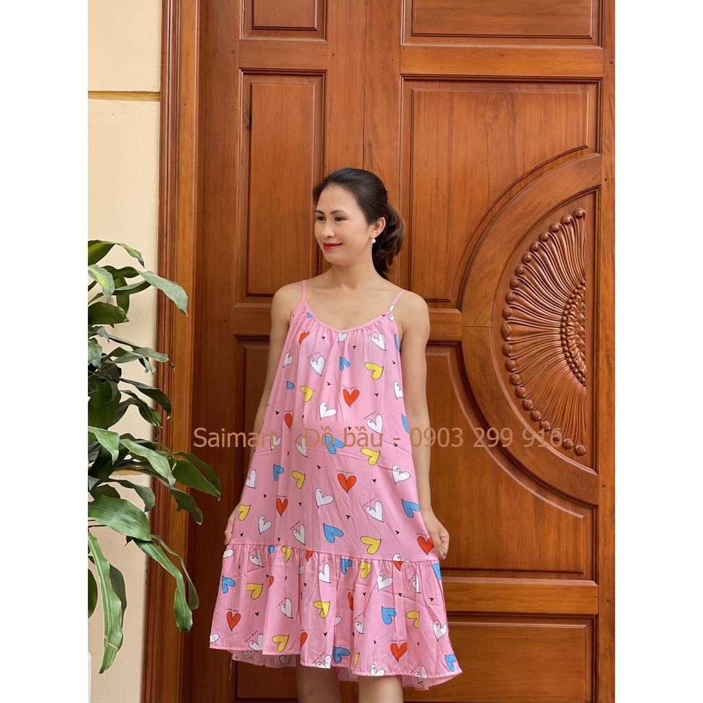 Váy Lanh Bầu - 2 dây - chất lanh lụa hàng loại 1 - mềm nhẹ mát - Hình họa tiết dễ thương