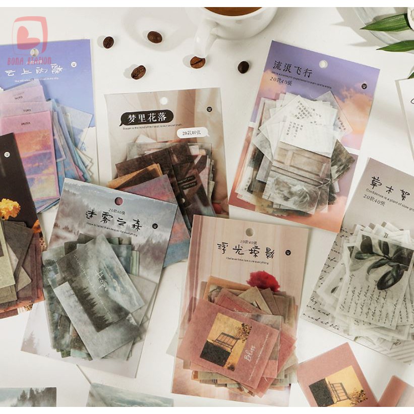 Bộ 40 sticker hình dán Time Letter phong cảnh vintage | BSB027