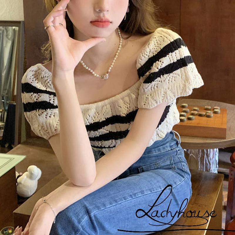 Áo Thun Dệt Kim Ngắn Tay Cổ Vuông Họa Tiết Kẻ Sọc Màu Đen Cho Nữ