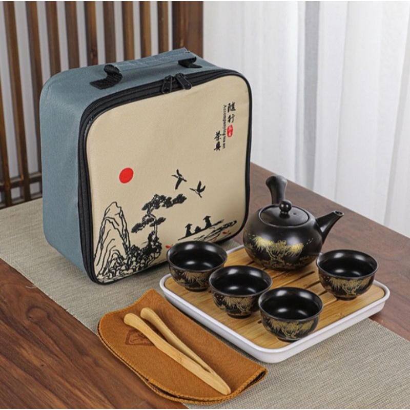 Bộ ấm trà gốm sứ cao cấp quai siêu du lịch hàng nhập khẩu tặng khay khăn và gấp ly rất tiện lợi