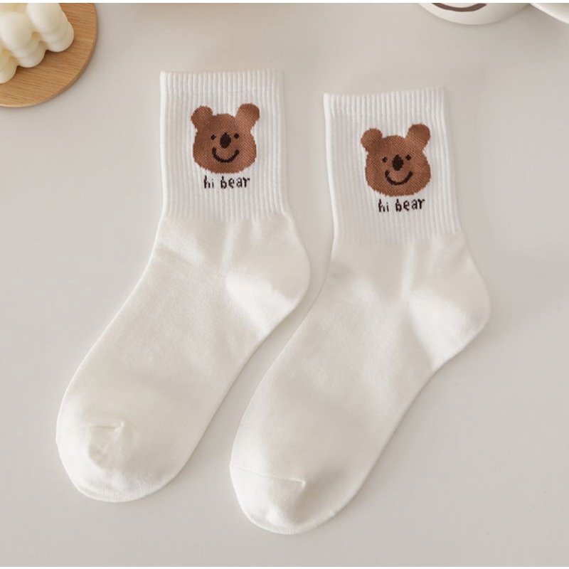 Set tất cổ cao màu trắng in hình gấu cute