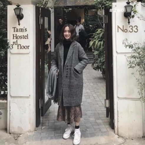 Áo khoác dạ nữ 2 lớp dày dặn from rộng hàn quốc cổ vest 1 khuy HOTHIT nâu đen