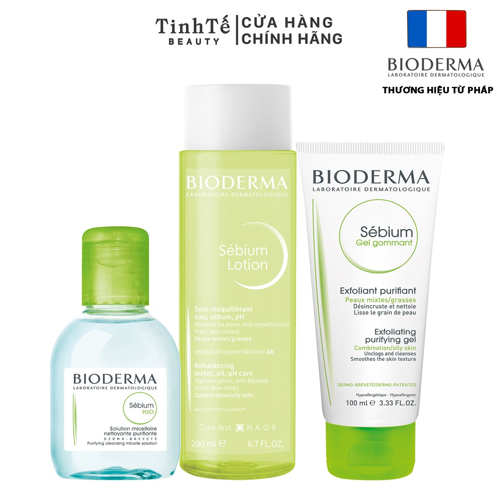 Bộ sản phẩm làm sạch cho da hỗn hợp và da dầu Bioderma Sebium (Tẩy trang micellar 100ml + Gel 100ml + Lotion 200ml)