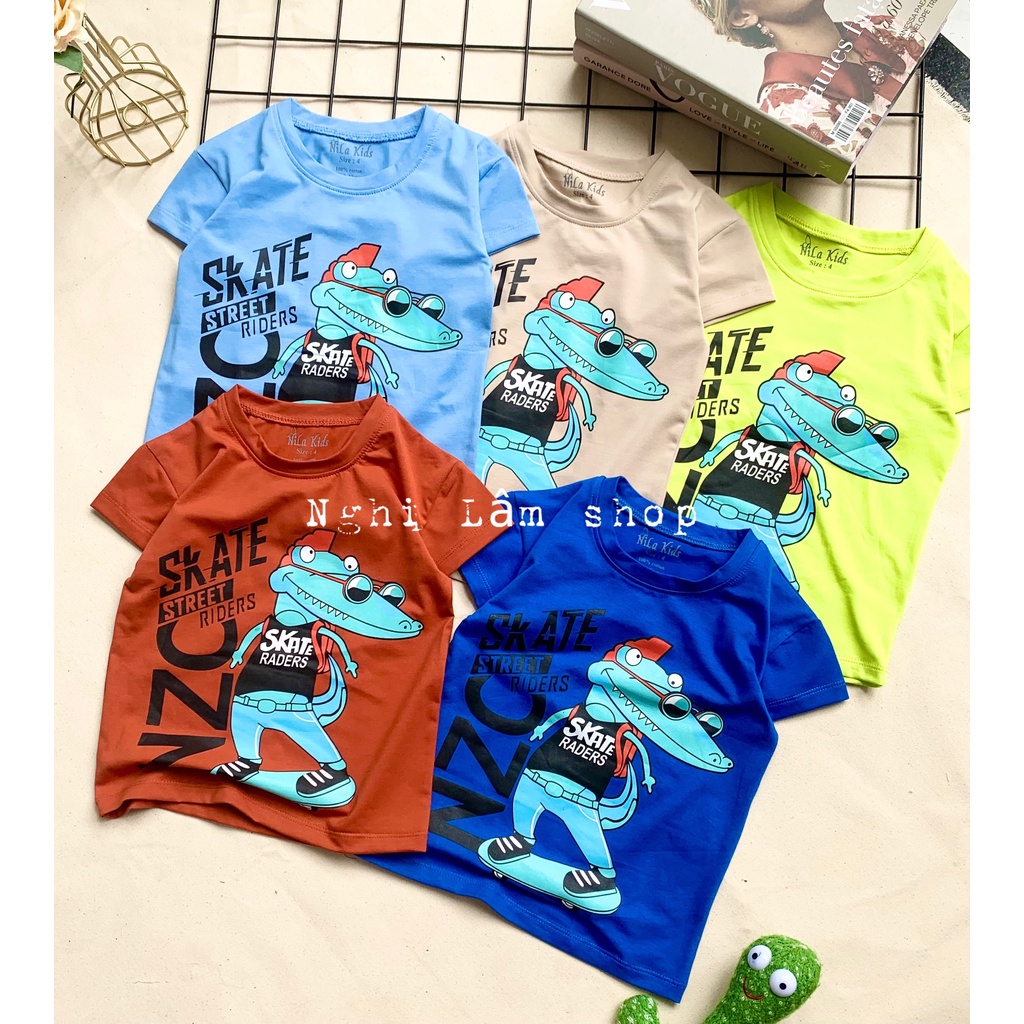 Áo thun ngắn tay bé trai in hình cá sấu chất liệu thun cotton 100% co giản 4 chiều mềm mịn mát cho bé từ 8-36 kg