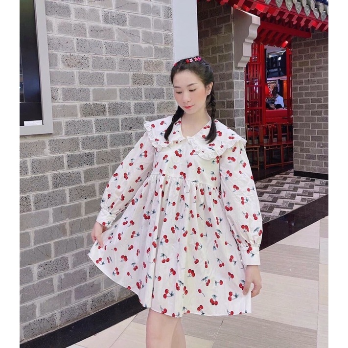 Đầm trái cây cổ bẻ tay dài