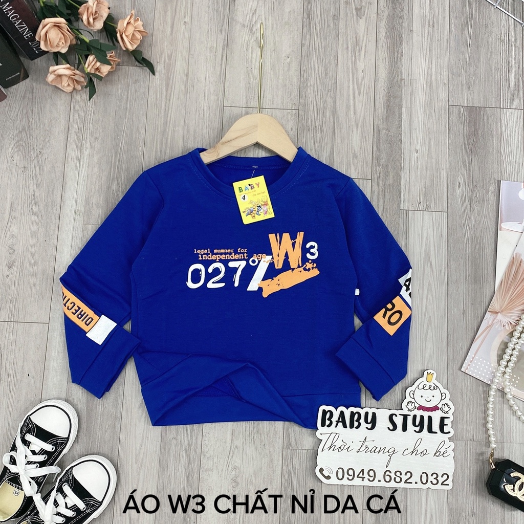 Áo sweater nỉ cổ tròn dài tay &quot;027 W3&quot; 14-45kg cho bé trai 4-15 tuổi. Vải da cá dày dặn. Thoải mái. B42