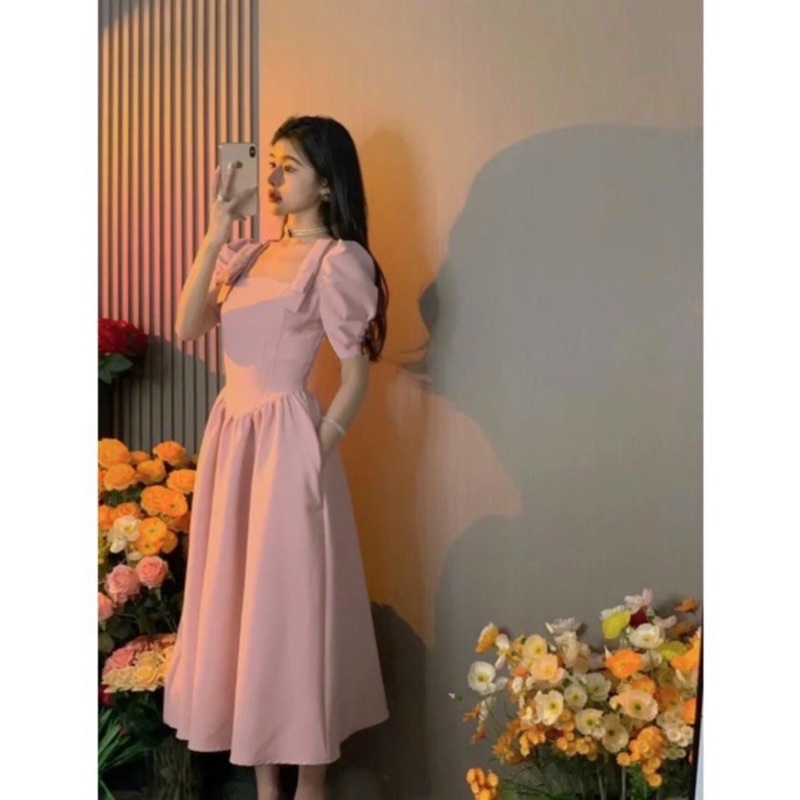 Đầm cổ vuông nơ vai tiểu thư, đáng iu Green Dress