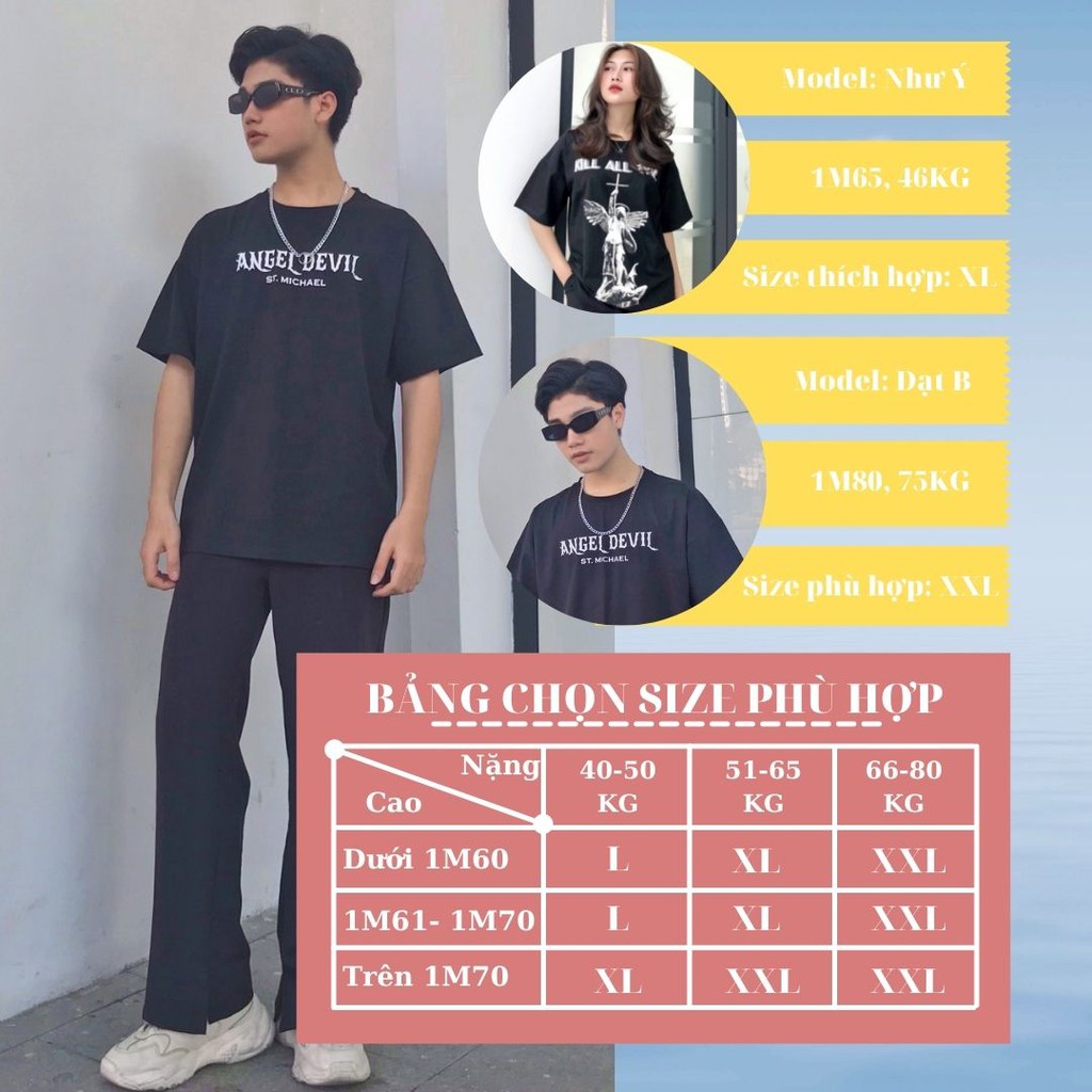 Áo thun tay lỡ Unisex Angel Devil , áo phông nam nữ Form rộng Oversize Cotton hai màu đen trắng | BigBuy360 - bigbuy360.vn