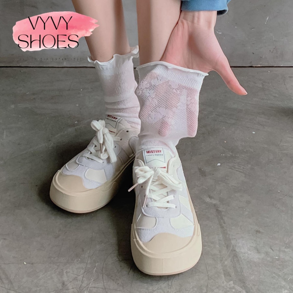 Tất Ren Lolita nữ, sét tất vớ nữ cổ bèo Littlepretty trắng, thêu họa tiết dễ thương