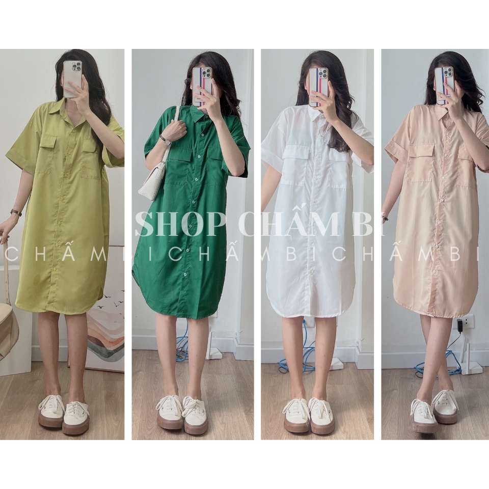 Váy sơ mi basic V.105, Váy kiểu trơn vạt cung cổ đức cộc tay túi nắp hộp ngực 3 màu năng động - Thời trang nữa Chấm Bi