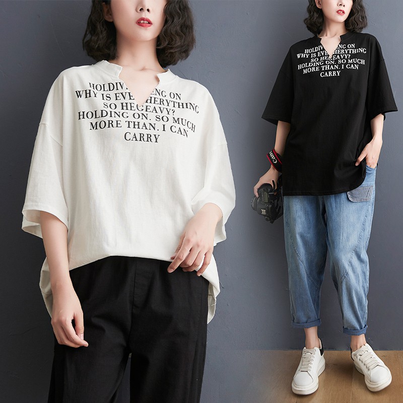 K60 Áo bigsize dáng suông cổ trụ chữ V in chữ trẻ trung