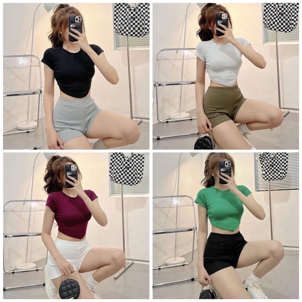 Áo Croptop Tay Ngắn Vạt Nhọn Chất Thun Gân Borio Co Dãn Thoáng Mát Mẫu Mới-Nhiều Màu