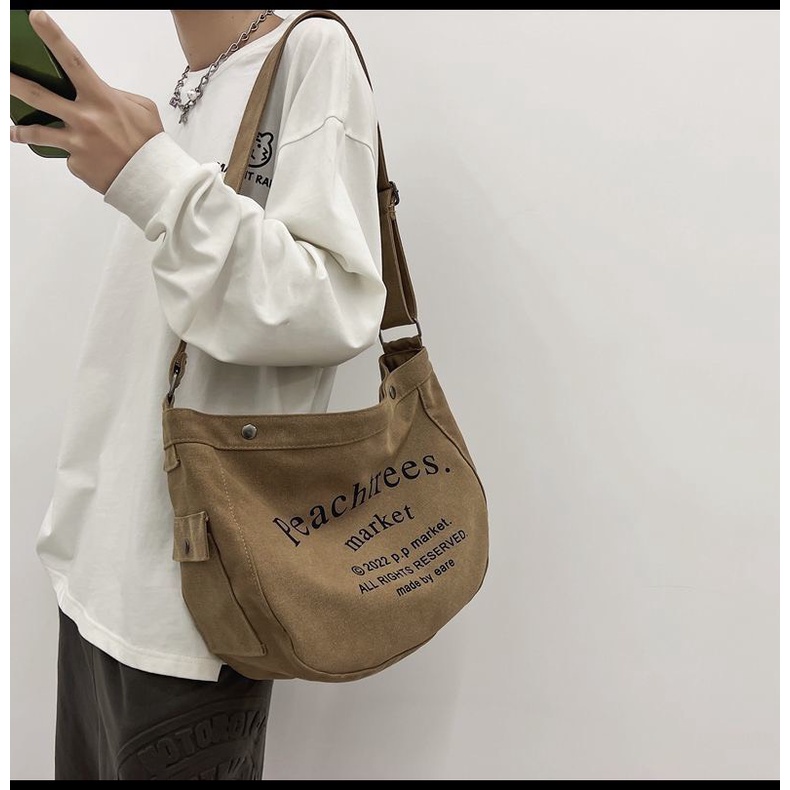 Túi tote đeo chéo canvas cỡ lớn 2022 thiết kế mới thời trang nam nữ phong cách Nhật Bản