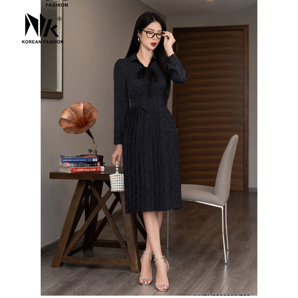 Đầm Chấm Bi Nữ NK Fashion Thiết Kế Dập Ly Kết Hợp Nơ Rời Tạo Vẻ Nữ Tính, Chất Liệu Vải Cao Cấp, Không Nhăn NKDV2202008