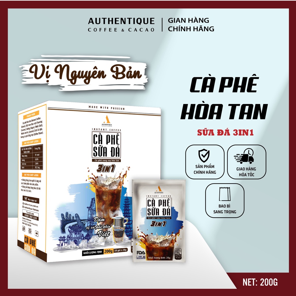 Cà phê sữa đá pha sẵn hòa tan 3in1 (20G x 10Gói) - Đậm vị cà phê | Authentique Instant Coffee