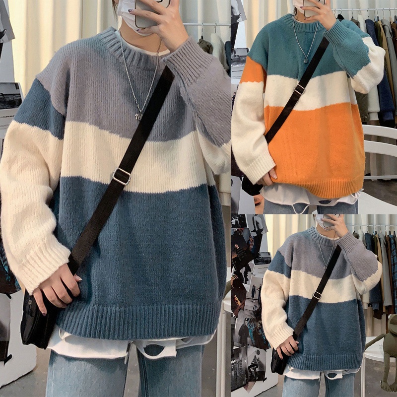 Áo Thun Tay Dài Cổ Tròn Họa Tiết Kẻ Sọc Ngang Phong Cách Harajuku Thời Trang Cho Nam Và Nữ