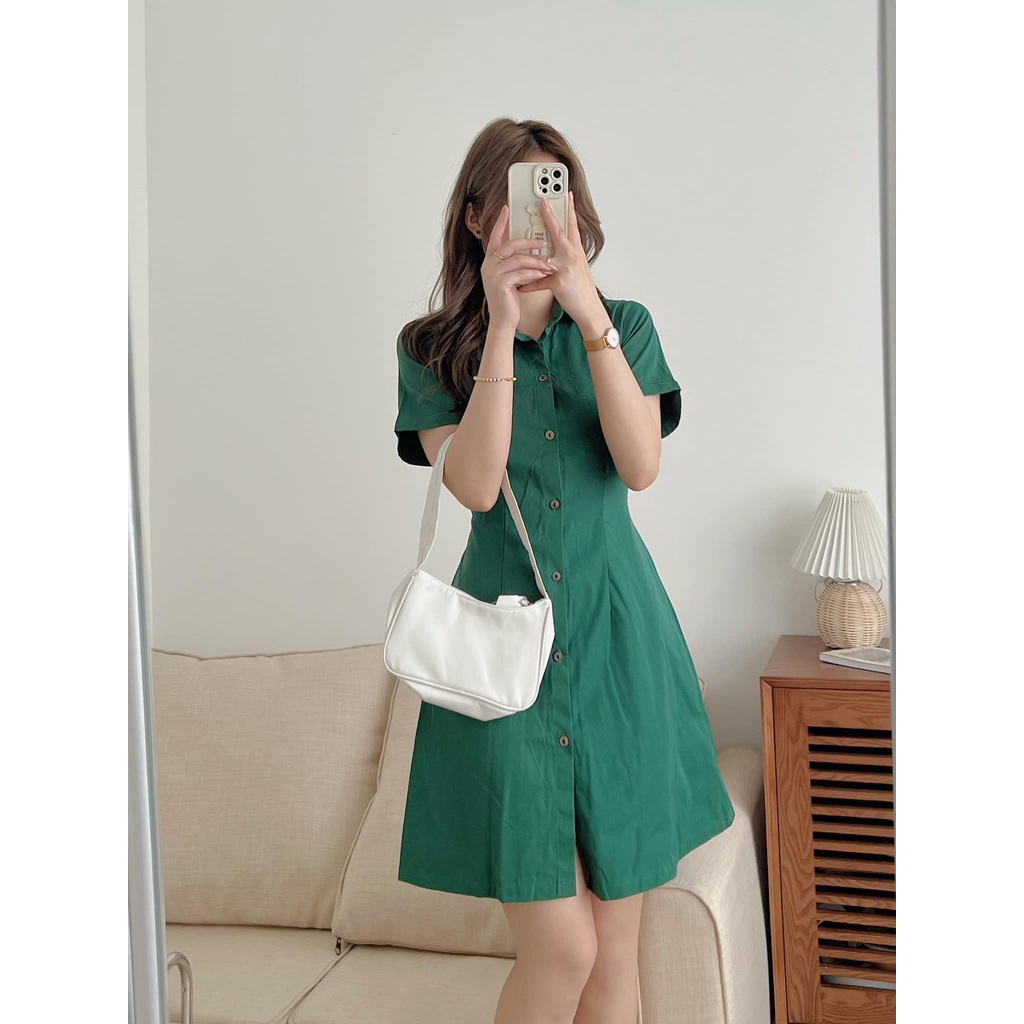 Váy Kaki 2 Da Cúc Gỗ Tay Ngắn Chun Eo Sau 4 Màu, Labibi