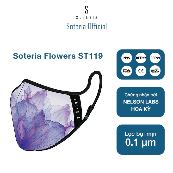 Khẩu trang tiêu chuẩn Quốc Tế SOTERIA Flowers ST119 - Bộ lọc N95 BFE PFE 99 lọc đến 99% bụi mịn 0.1 micro- Size S,M,L