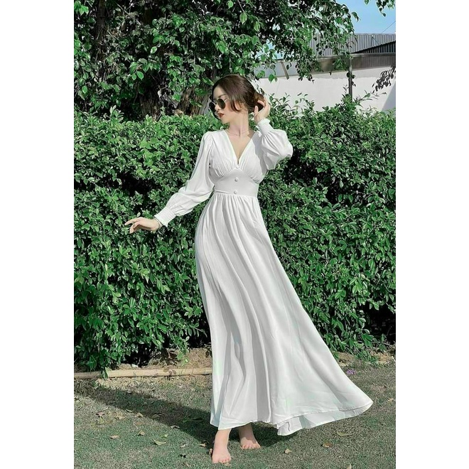 (FreeShip) Đầm nút bọc tay dài,đầm maxi dáng dài cổ v ôm eo tinh tế,chất lụa mềm mát có mút,lên from chuẩn