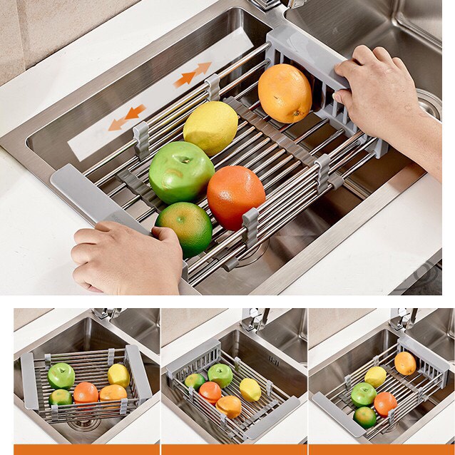Khay Đa Năng Gác Chậu Rửa Chén - Rổ Kệ Inox Đa Năng Co Giãn - Rửa Rau, Trái Cây, Úp Chén Tiện Lợi- { H }