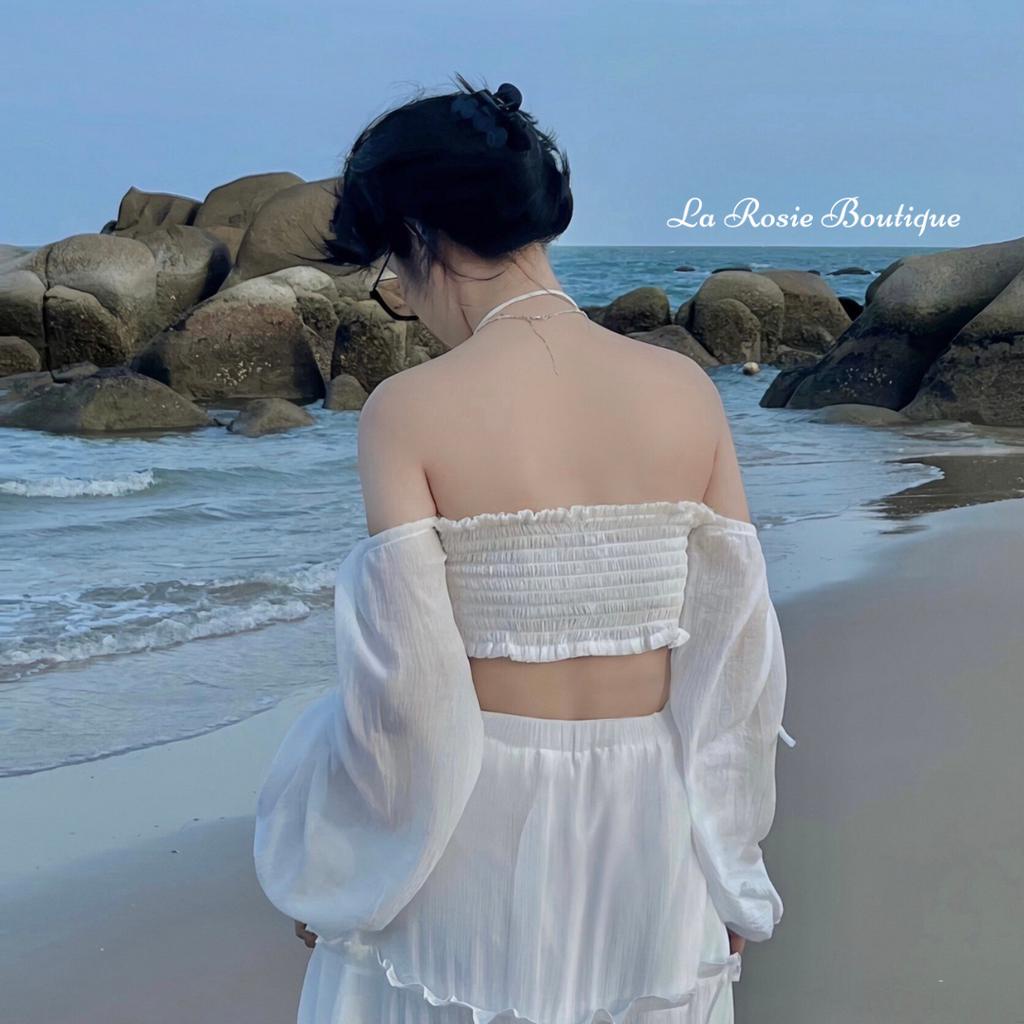 Áo trễ vai tay dài thắt dây nhún ngực đi biển - La Rosie Boutique