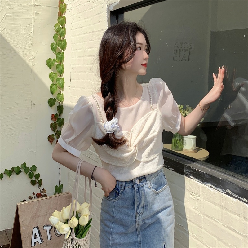 Áo Sơ Mi Tay Ngắn Phồng Đính Ngọc Trai Thời Trang Dành Cho Nữ