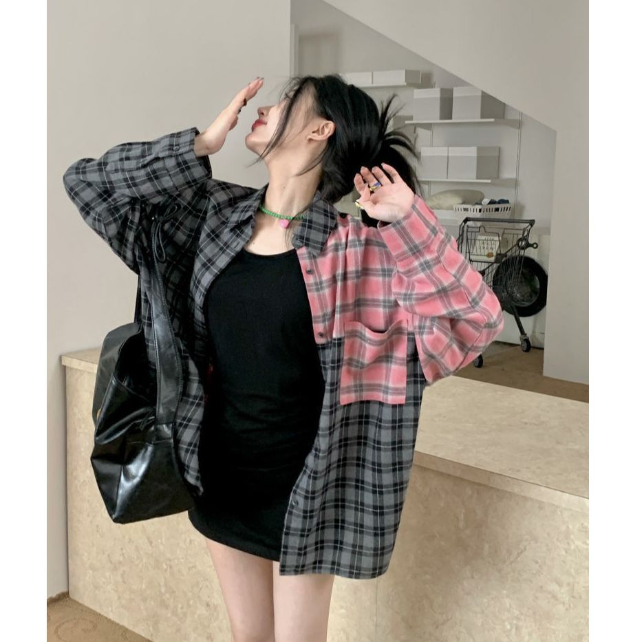 Áo Sơ Mi Chống Nắng Tay Dài Dáng Rộng Họa Tiết Sọc Caro Thời