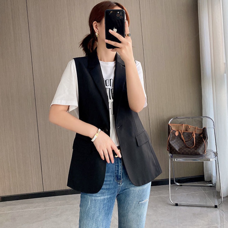 Áo vest RENJIANVSHENG 185245 không tay dáng rộng phong cách retro