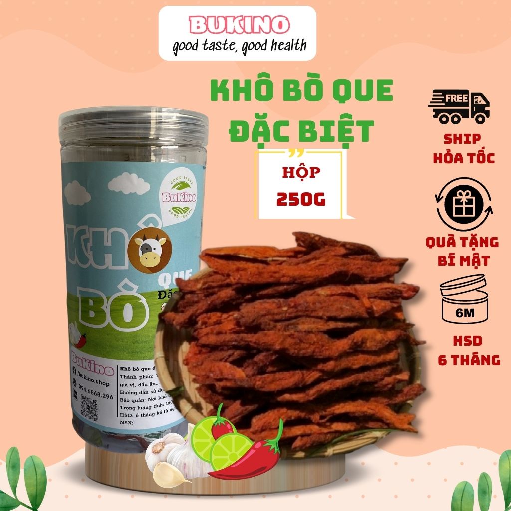 Khô bò que BUKINO hộp 250gr, đồ ăn vặt bò khô cay vừa thơm ngon an toàn vệ sinh thực phẩm Hà Nội