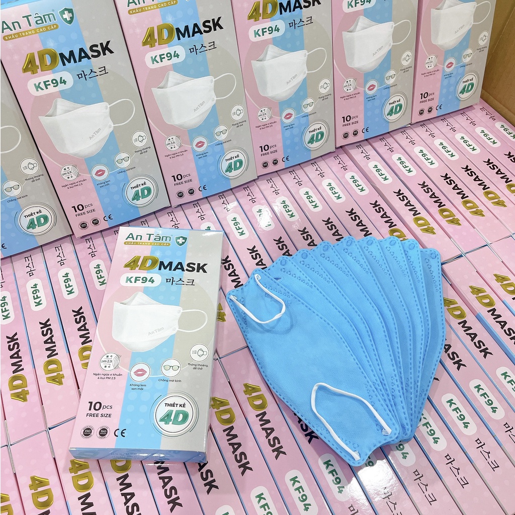 Khẩu trang y tế 4D KF94 Hàn Quốc 4 lớp Giấy kháng khuẩn &amp; Vải không dệt - Chính Hãng AN TÂM - Hộp 10 cái