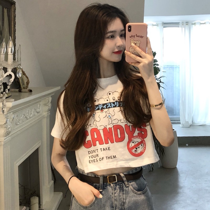 Áo Thun Crop Top Tay Ngắn Eo Cao Phong Cách Mới Quyến Rũ Dễ Phối Đồ Dành Cho Nữ @ -