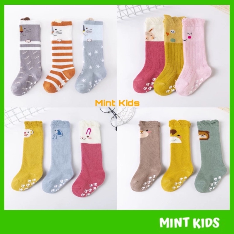 Set 3 đôi tất dài cotton giữ ấm cho bé 0 đến 3 tuổi có chống trượt