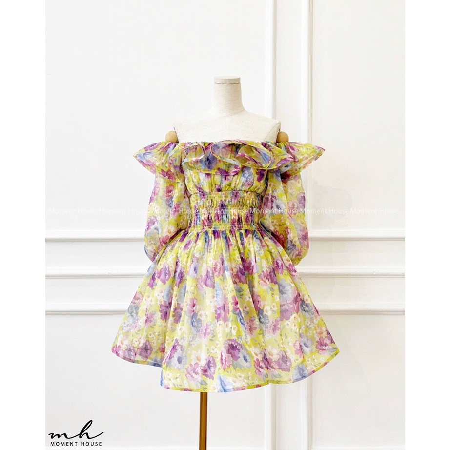 Đầm hoa xòe trễ vai , có tay , KIRA DRESS, may 2 lớp chuẩn xịn hàng thiết kế,form tùng xòe