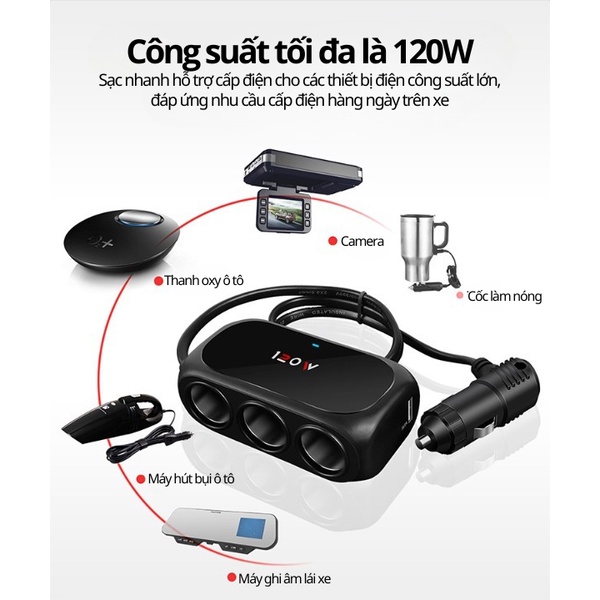 Bộ Chia Tẩu Sạc Ô Tô By-283 /120w 3 Cổng Kèm 2 Cổng Usb Tẩu Chia Sạc Ô Tô Trangdiemxe 3