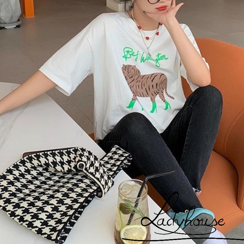 Áo Thun Tay Ngắn Cổ Tròn In Họa Tiết Hổ Và Chữ Thời Trang Cho Nữ