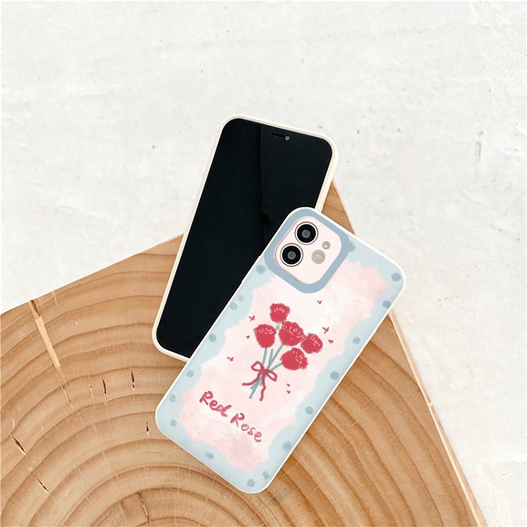Ốp lưng case iphone vẽ tay xinh xắn vuông cạnh Ốp iphone Hình Hoa Hồng Iphone 13 11 11pro 12 12pro Max 7 8 Plus Xs Max X