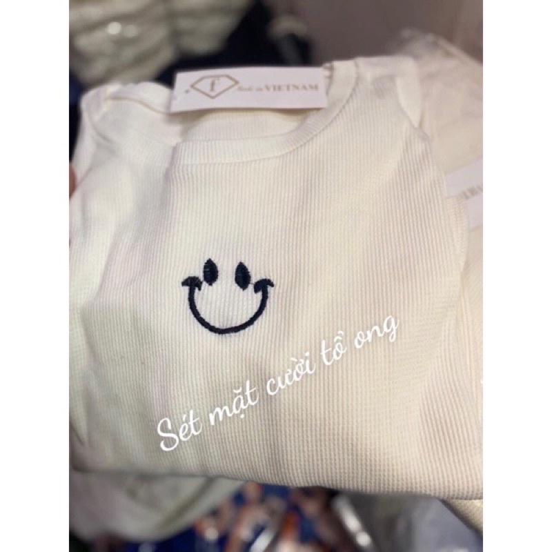 Set bộ đồ Nữ xinh chất tổ ong dầy dặn, Quần Jogger kèm áo thun tay lỡ thêu hình mặt cười siêu dễ thương