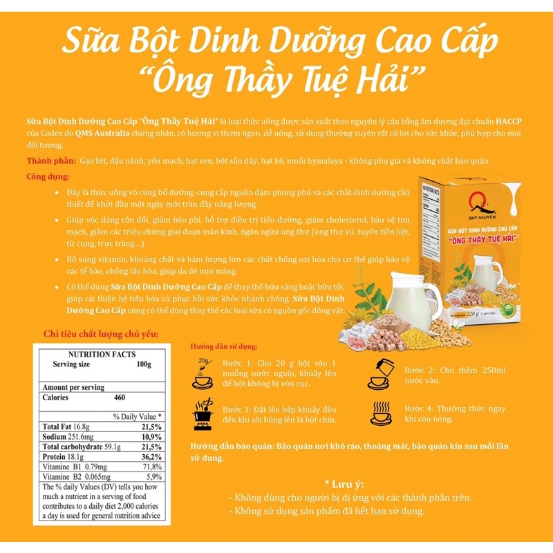 Sữa bột dinh dưỡng cao cấp - đặc biệt ÔNG THẦY TUỆ HẢI - hộp 220g 11 gói tr