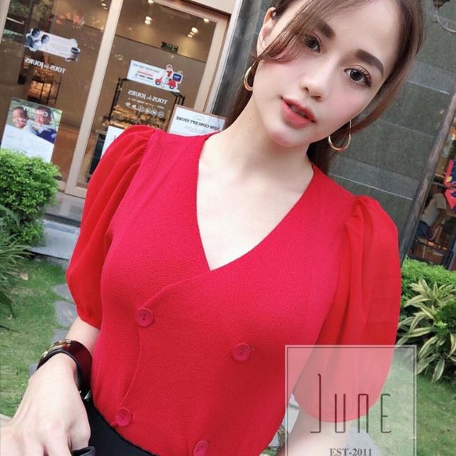 (shop_lamemily) Áo kiểu phối khuy tay bồng sang chảnh [ Ảnh Thật ] [ Quảng Châu ]