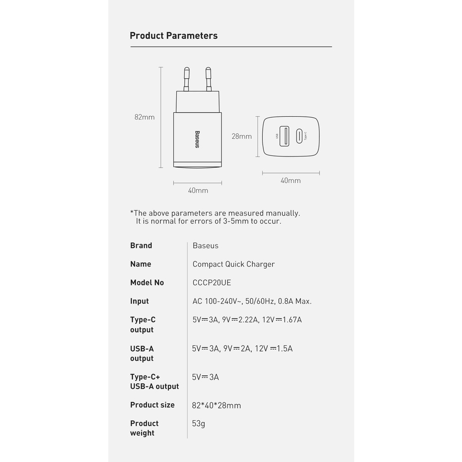 Củ Sạc Nhanh PD 18w 20w Chính Hãng Baseus Cổng USB + Type C Tích Hợp PD/QC 3.0 - TopLink