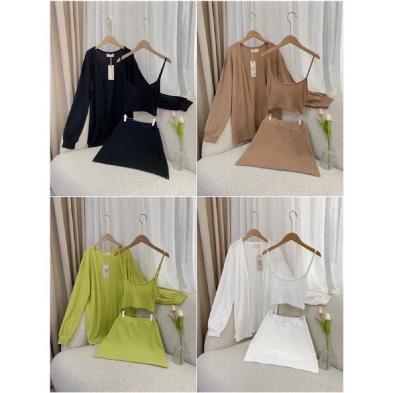 Set 3 món áo dây chân váy có lót trong kèm áo khoác chất vải thun gân tăm