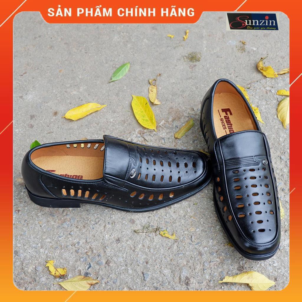 HCM-G4210 VNXK Giày da thật đục lỗ MÀU ĐEN- kiểu Giày lười công sở đứng đắn cho nam- Dép rọ chống hôi chân