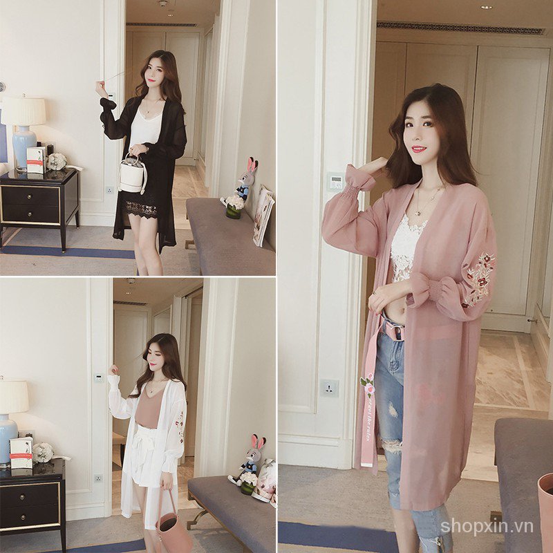 Áo Khoác Cardigan Vải Chiffon Thêu Hoa Tay Loe Dài Kiểu Hàn Quốc Cho Nữ