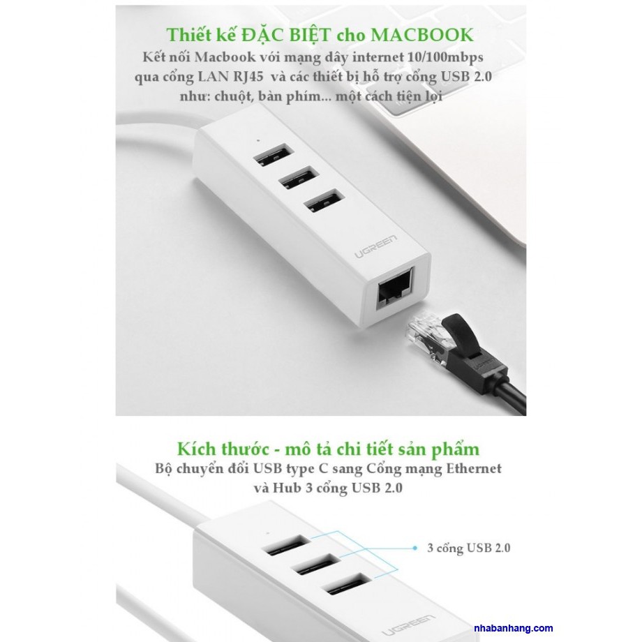Cáp chuyển USB Type C to Lan+3 Hub USB Ugreen 20792 Chính Hãng | BigBuy360 - bigbuy360.vn