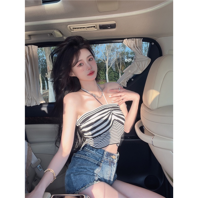 Cocory vn Áo Dệt Kim Hai Dây Dáng Ôm Họa Tiết Kẻ Sọc Thời Trang Quyến Rũ Cho Nữ