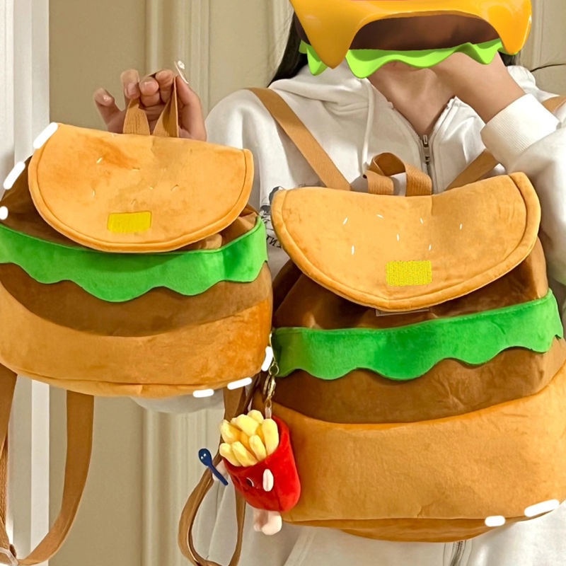 Ba Lô Đi Học Màu Trơn Cỡ Lớn In Hoạt Hình Hamburger Dễ Thương Cho Nữ