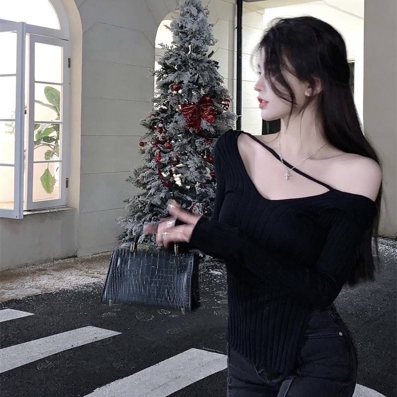 Áo Dệt Kim Dáng Ôm Thời Trang Mới Nhất Mùa Thu Đông Màu Đỏ Kiểu Cách Không Đối Xứng Dành Cho Nữ