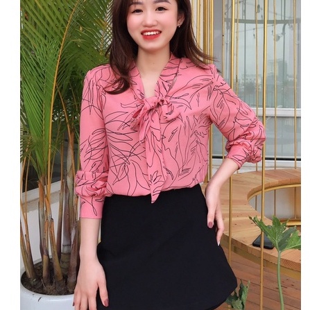 Áo sơ mi nữ công sở lụa tay phồng thắt nơ hàng thiết kế ALALA phong cách Hàn Quốc