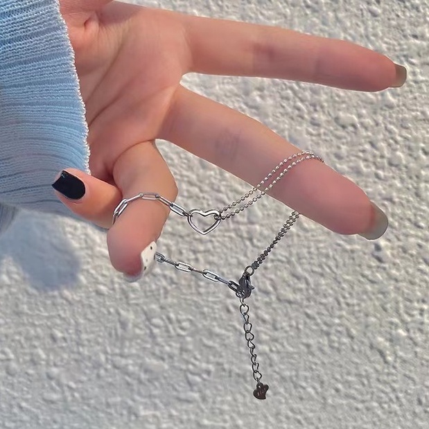 Vòng tay bạc sterling 925 mặt hình trái tim ghép dây xích và dây chuỗi thiết kế nhỏ đơn giản thời trang cá tính cho nữ