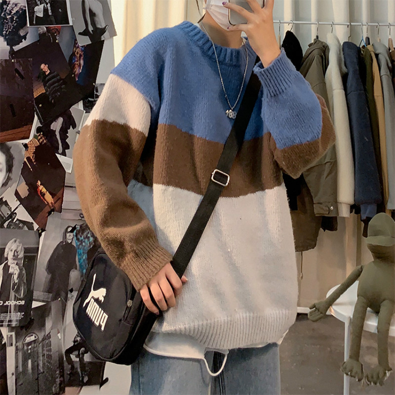 Áo Sweater cổ tròn phối màu độc đáo phong cách Hàn Quốc thời trang mùa thu đông cho nam và nữ